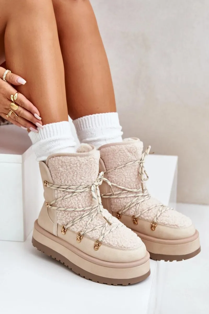 Śniegowce Damskie Na Platformie Z Wiązaniem Jasnobeżowe Riaviana Damskie Śniegowce Damskie