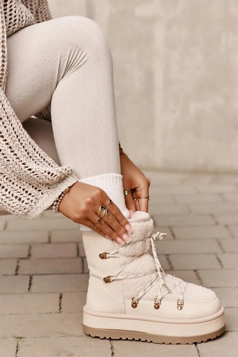 Śniegowce Damskie Na Platformie Z Wiązaniem Jasnobeżowe Riaviana Damskie Śniegowce Damskie