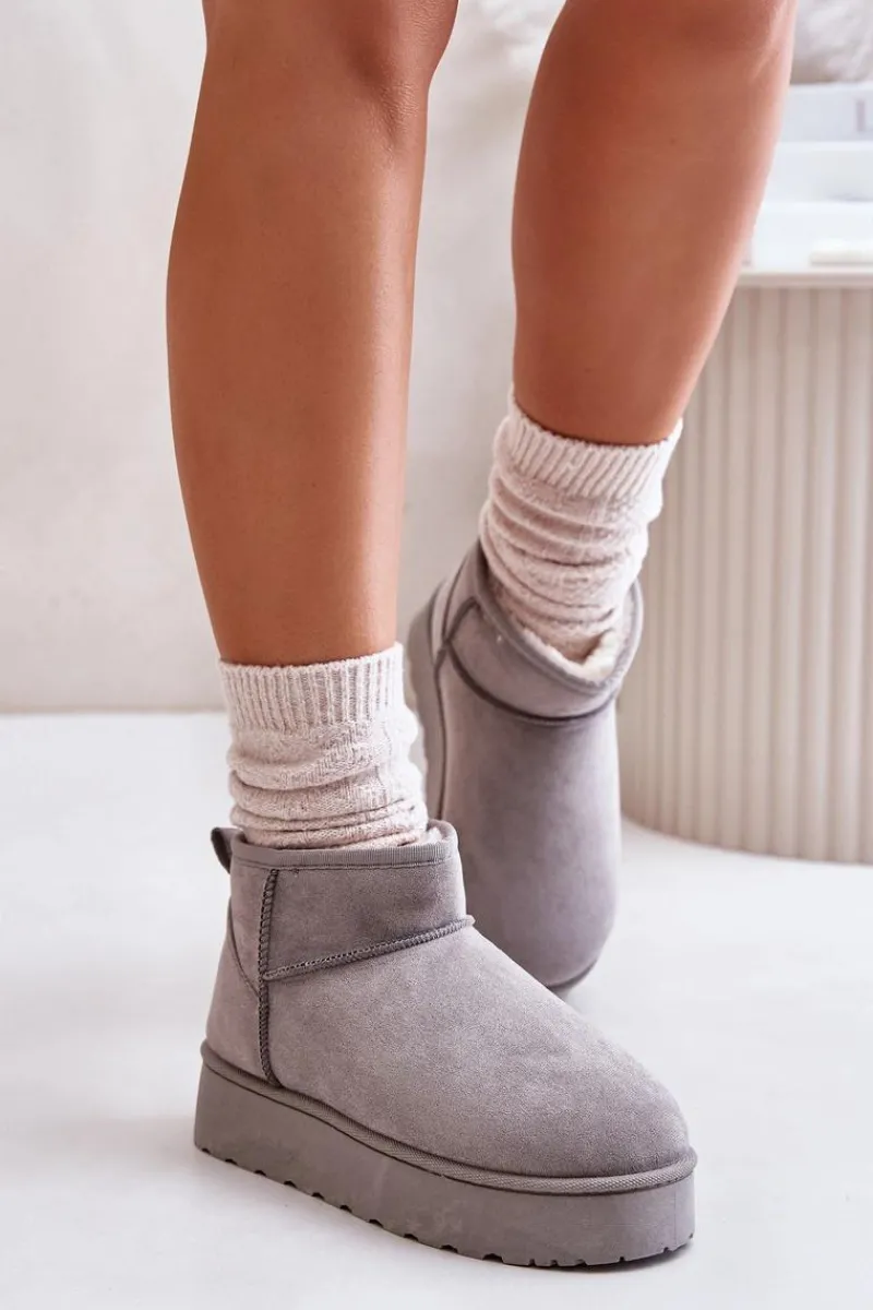 Śniegowce Damskie>Boto Śniegowce Damskie Na Platformie Ocieplane Futerkiem Szare Xamella Szary