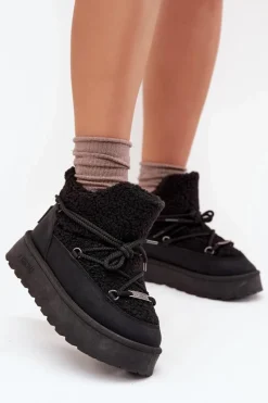 Śniegowce Damskie>Big Star Shoes Śniegowce Damskie Na Platformie Z Futerkiem Typu Baranek Big Star SS274109 Czarne Czarny