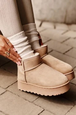 Discount Boto Śniegowce Damskie Na Platformie Ocieplane Futerkiem Beżowe Xamella Beżowy