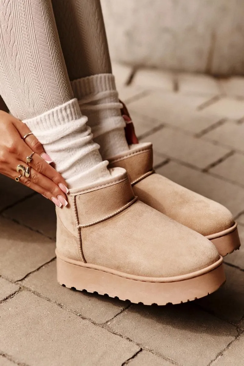 Discount Boto Śniegowce Damskie Na Platformie Ocieplane Futerkiem Beżowe Xamella Beżowy