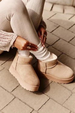 Discount Boto Śniegowce Damskie Na Platformie Ocieplane Futerkiem Beżowe Xamella Beżowy