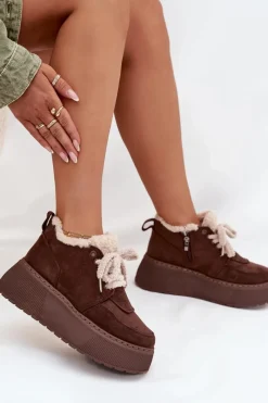 Śniegowce Damskie Na Platformie Z Futerkiem Typu Baranek Brązowe Luma Damskie Śniegowce Damskie