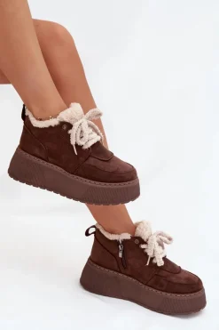 Śniegowce Damskie Na Platformie Z Futerkiem Typu Baranek Brązowe Luma Damskie Śniegowce Damskie