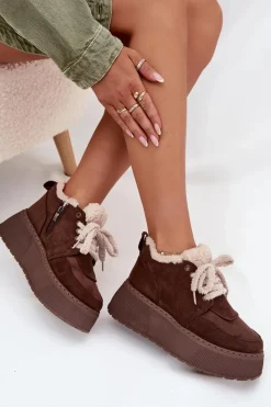 Śniegowce Damskie Na Platformie Z Futerkiem Typu Baranek Brązowe Luma Damskie Śniegowce Damskie
