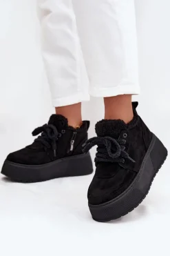 Śniegowce Damskie>Boto Śniegowce Damskie Na Platformie Z Futerkiem Typu Baranek Czarne Luma