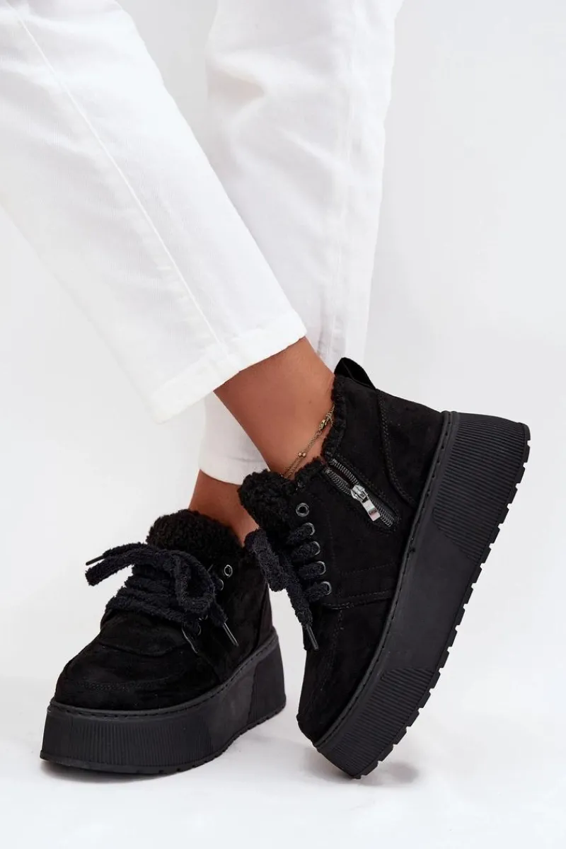 Śniegowce Damskie>Boto Śniegowce Damskie Na Platformie Z Futerkiem Typu Baranek Czarne Luma