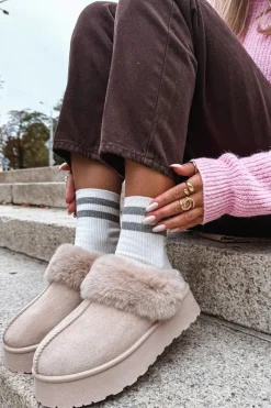 Śniegowce Damskie>Boto Śniegowce Damskie Na Platformie Z Futerkiem I Haftem Beżowe Querina Beżowy