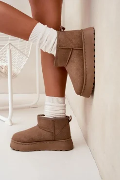 Śniegowce Damskie Na Platformie Ocieplane Futerkiem Khaki Vesirae Damskie Śniegowce Damskie