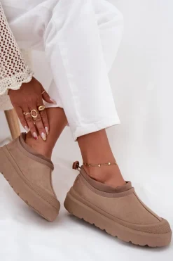 Clearance Boto Śniegowce Damskie Na Platformie Z Niską Cholewką Ciemnobeżowe Izamine Beżowy