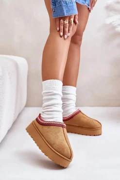 Sale Boto Śniegowce Damskie Na Platformie Ocieplane Futerkiem Camel Remenia