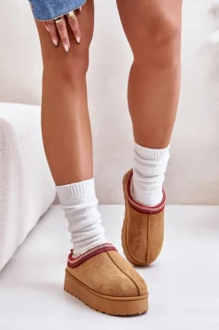 Sale Boto Śniegowce Damskie Na Platformie Ocieplane Futerkiem Camel Remenia