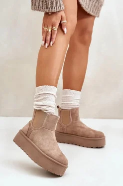 Boto Śniegowce Damskie Na Platformie Z Elastycznymi Wstawkami Ciemnobeżowe Rialine