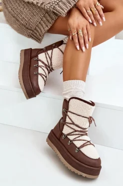 Sale Śniegowce Damskie Na Platformie Z Wiązaniem Brązowe Riaviana Damskie Śniegowce Damskie