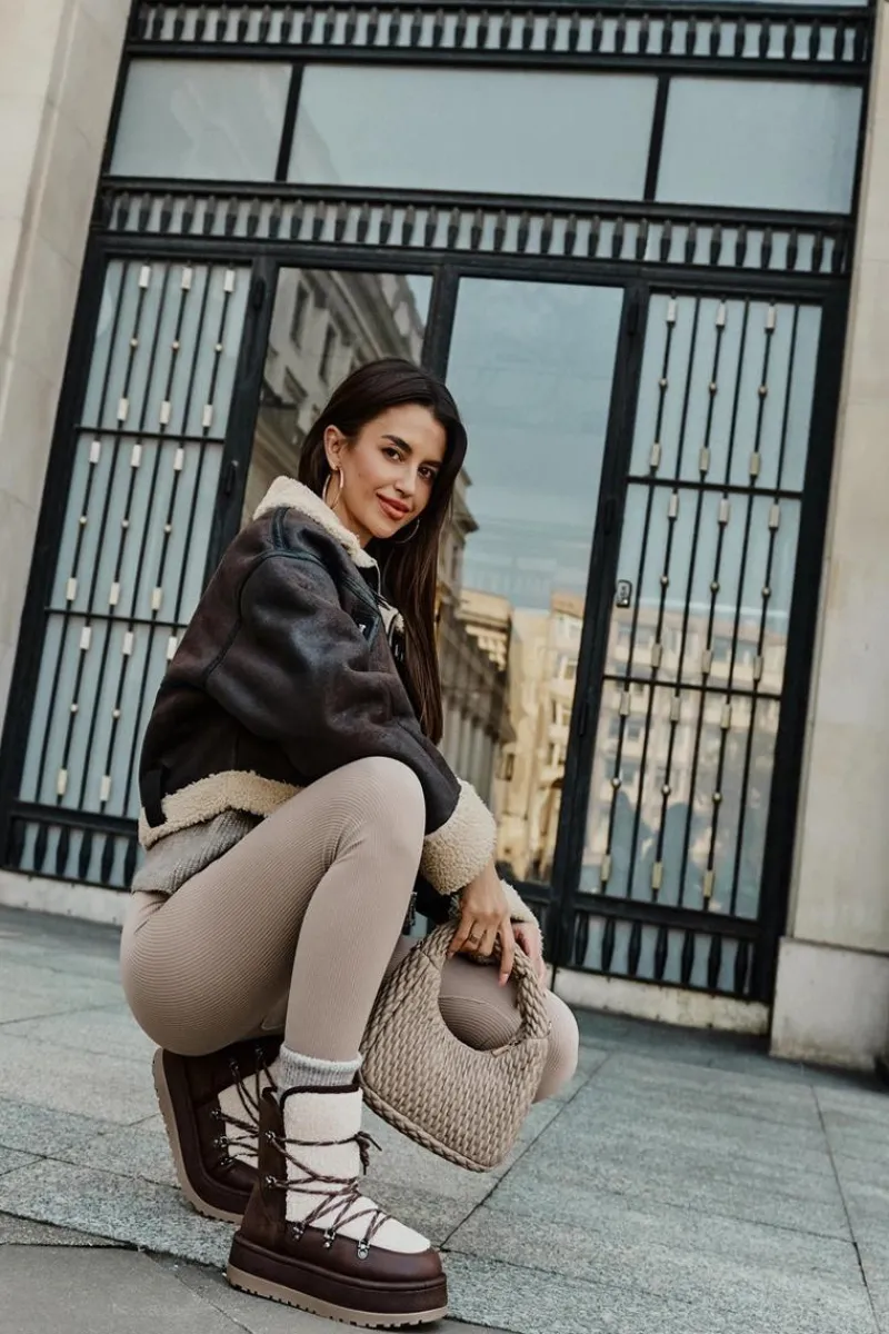 Sale Śniegowce Damskie Na Platformie Z Wiązaniem Brązowe Riaviana Damskie Śniegowce Damskie