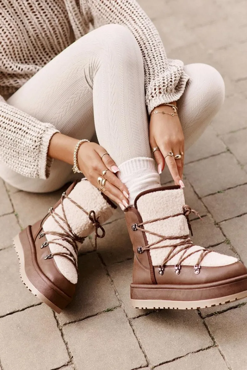 Sale Śniegowce Damskie Na Platformie Z Wiązaniem Brązowe Riaviana Damskie Śniegowce Damskie