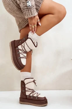 Sale Śniegowce Damskie Na Platformie Z Wiązaniem Brązowe Riaviana Damskie Śniegowce Damskie