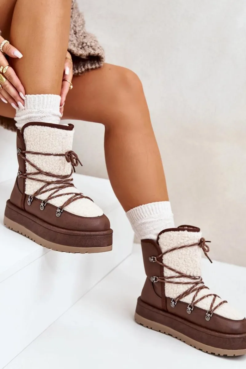 Sale Śniegowce Damskie Na Platformie Z Wiązaniem Brązowe Riaviana Damskie Śniegowce Damskie