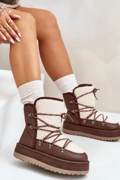 Sale Śniegowce Damskie Na Platformie Z Wiązaniem Brązowe Riaviana Damskie Śniegowce Damskie