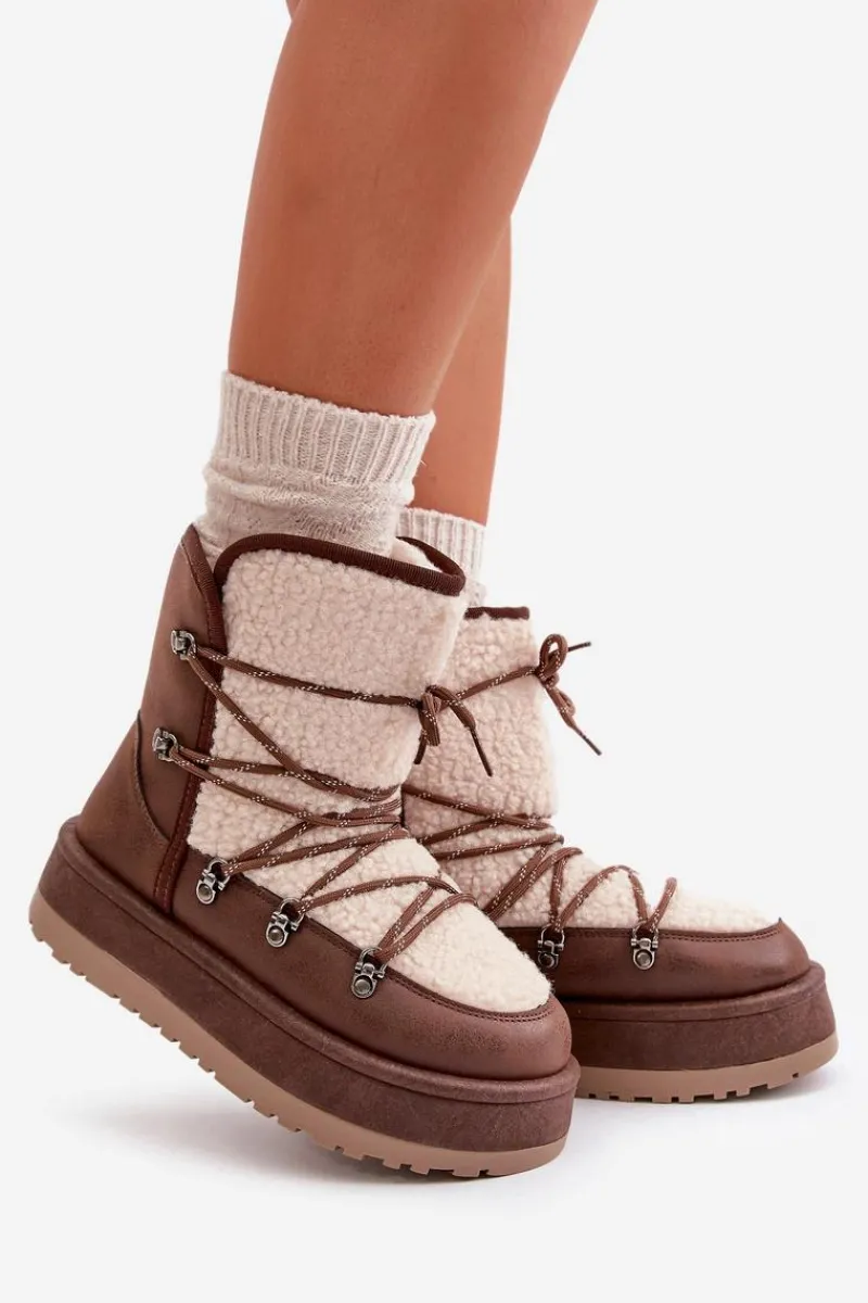 Sale Śniegowce Damskie Na Platformie Z Wiązaniem Brązowe Riaviana Damskie Śniegowce Damskie