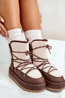 Sale Śniegowce Damskie Na Platformie Z Wiązaniem Brązowe Riaviana Damskie Śniegowce Damskie