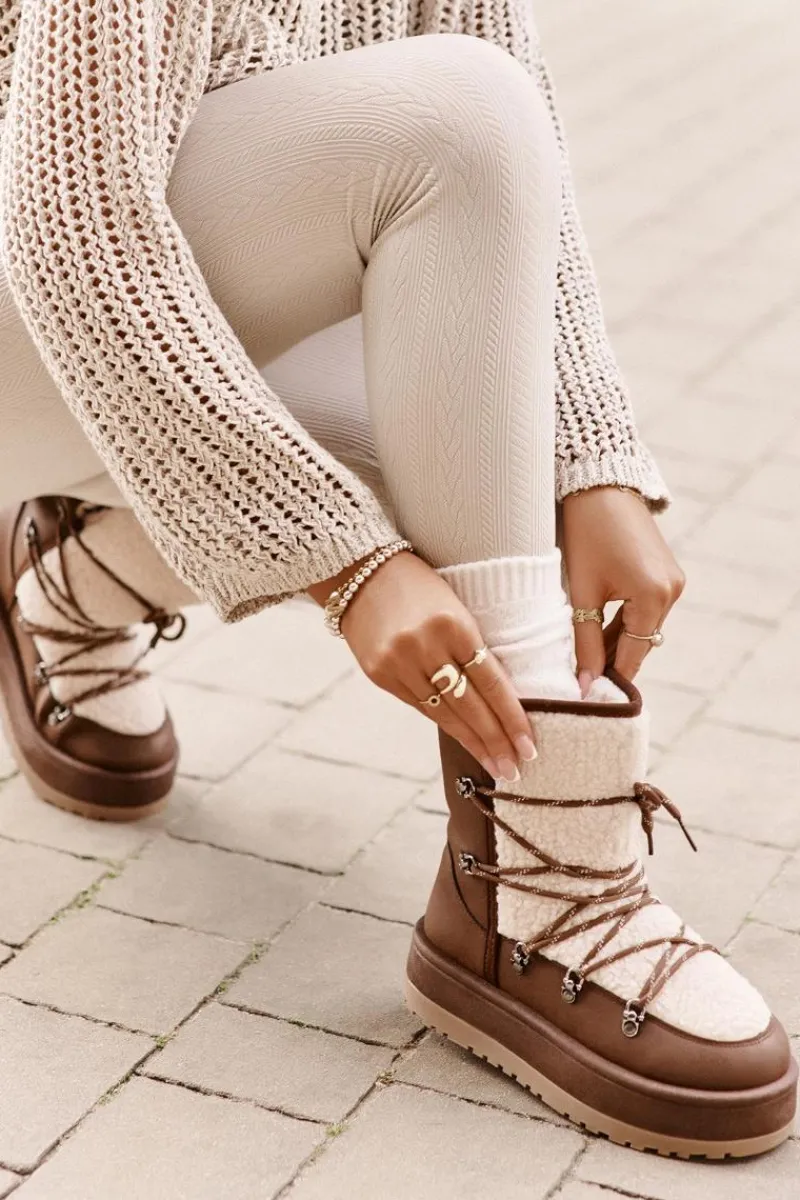 Sale Śniegowce Damskie Na Platformie Z Wiązaniem Brązowe Riaviana Damskie Śniegowce Damskie