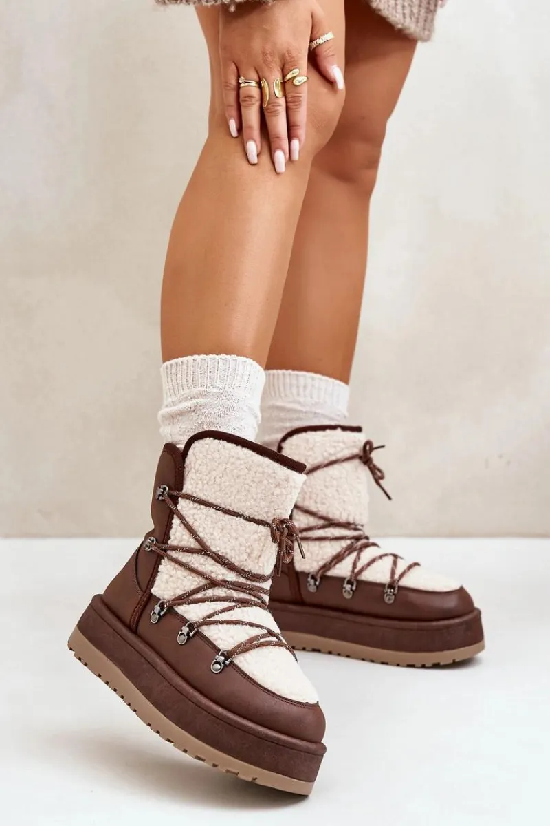 Sale Śniegowce Damskie Na Platformie Z Wiązaniem Brązowe Riaviana Damskie Śniegowce Damskie