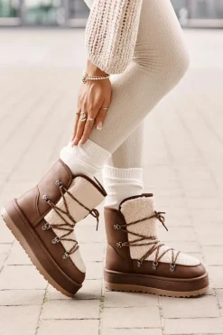 Sale Śniegowce Damskie Na Platformie Z Wiązaniem Brązowe Riaviana Damskie Śniegowce Damskie