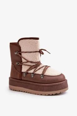 Sale Śniegowce Damskie Na Platformie Z Wiązaniem Brązowe Riaviana Damskie Śniegowce Damskie