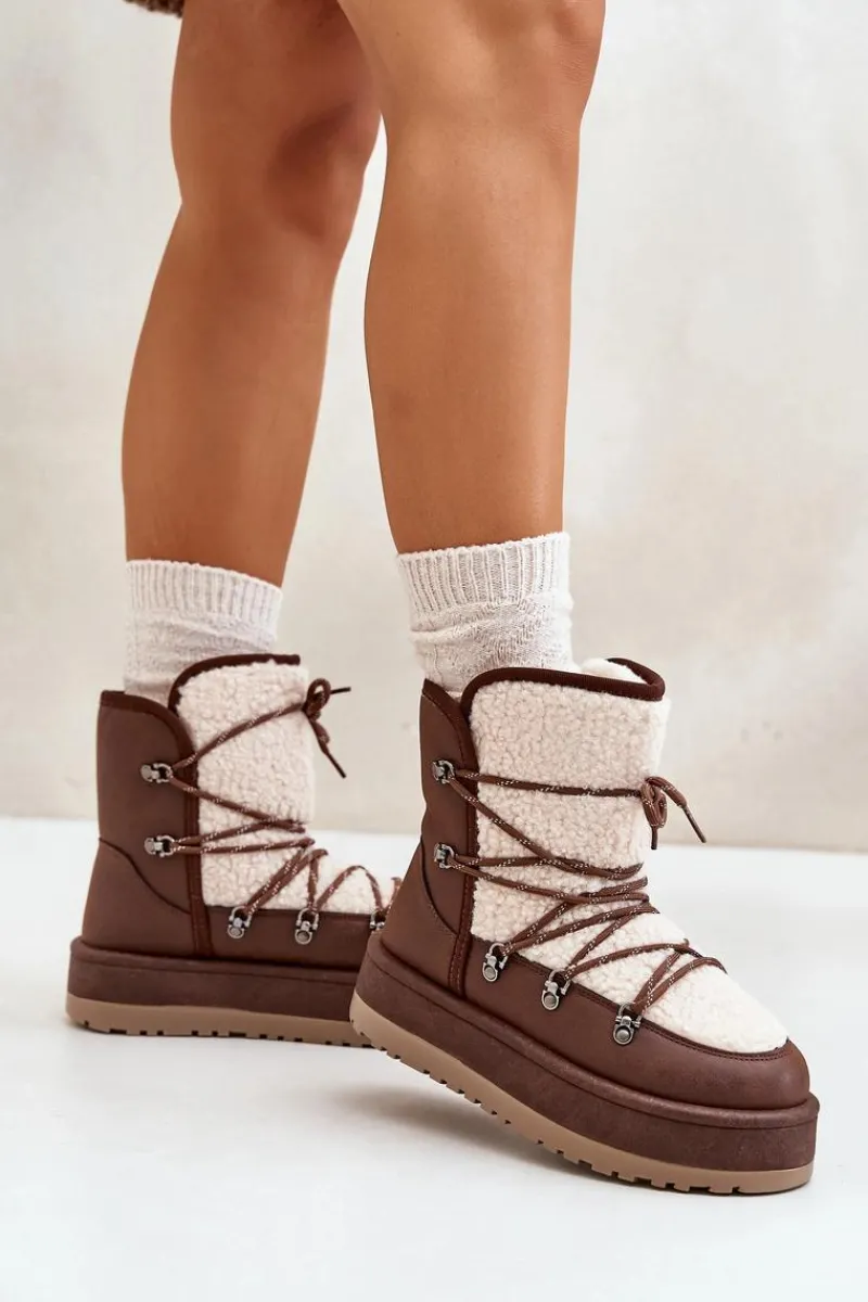 Sale Śniegowce Damskie Na Platformie Z Wiązaniem Brązowe Riaviana Damskie Śniegowce Damskie