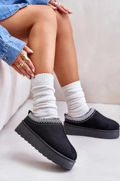 Śniegowce Damskie|Kapcie Klasyczne>Boto Śniegowce Damskie Na Platformie Ocieplane Futerkiem Czarne Remenia Czarny