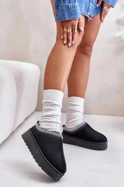 Śniegowce Damskie|Kapcie Klasyczne>Boto Śniegowce Damskie Na Platformie Ocieplane Futerkiem Czarne Remenia Czarny