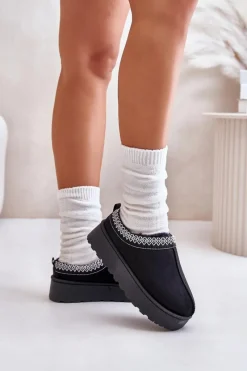 Śniegowce Damskie|Kapcie Klasyczne></noscript>Boto Śniegowce Damskie Na Platformie Ocieplane Futerkiem Czarne Remenia Czarny