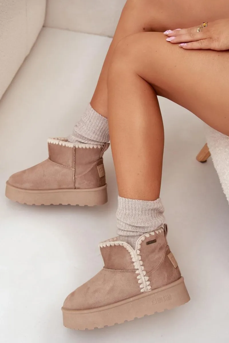 Sale Big Star Shoes Śniegowce Damskie Na Platformie Z Przeszyciami Big Star SS274129 Beżowe Beżowy