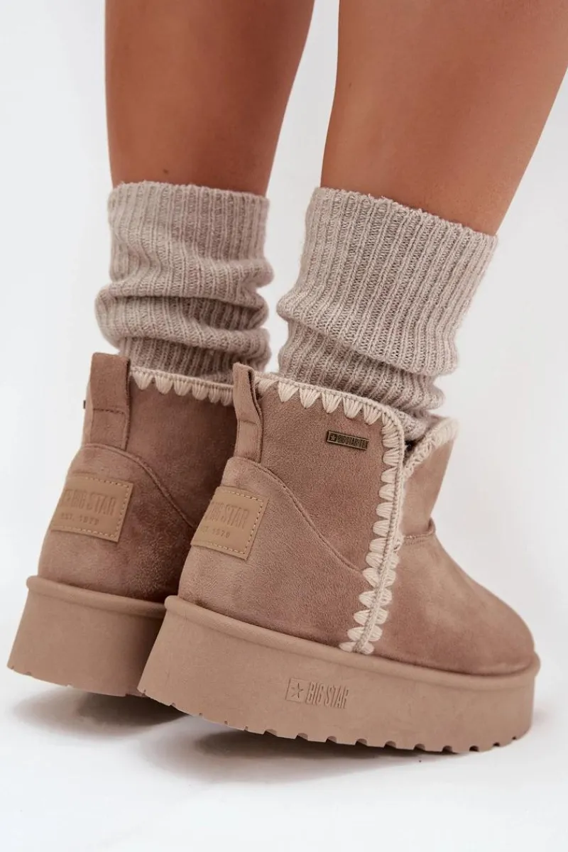 Sale Big Star Shoes Śniegowce Damskie Na Platformie Z Przeszyciami Big Star SS274129 Beżowe Beżowy