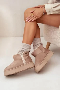 Sale Big Star Shoes Śniegowce Damskie Na Platformie Z Przeszyciami Big Star SS274129 Beżowe Beżowy