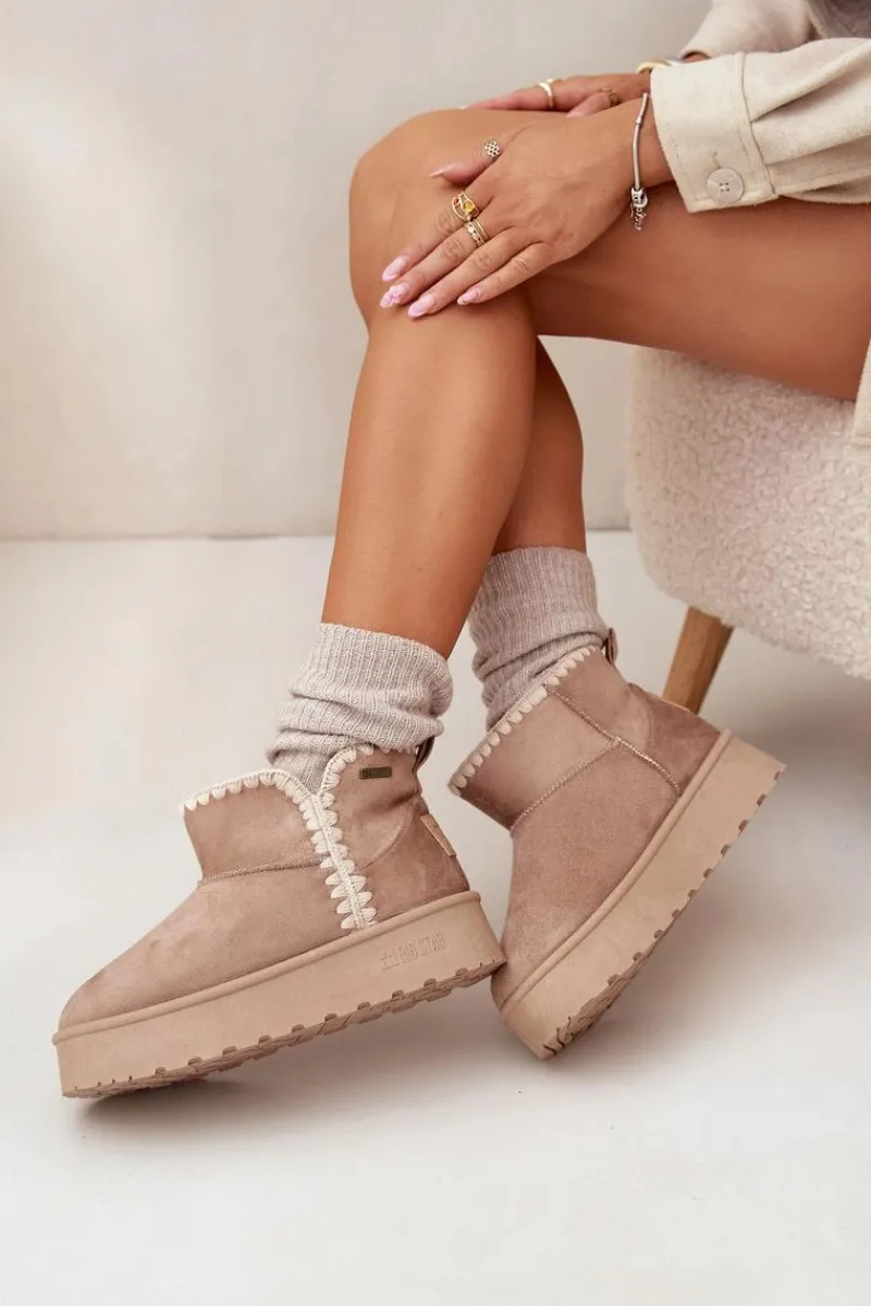 Sale Big Star Shoes Śniegowce Damskie Na Platformie Z Przeszyciami Big Star SS274129 Beżowe Beżowy