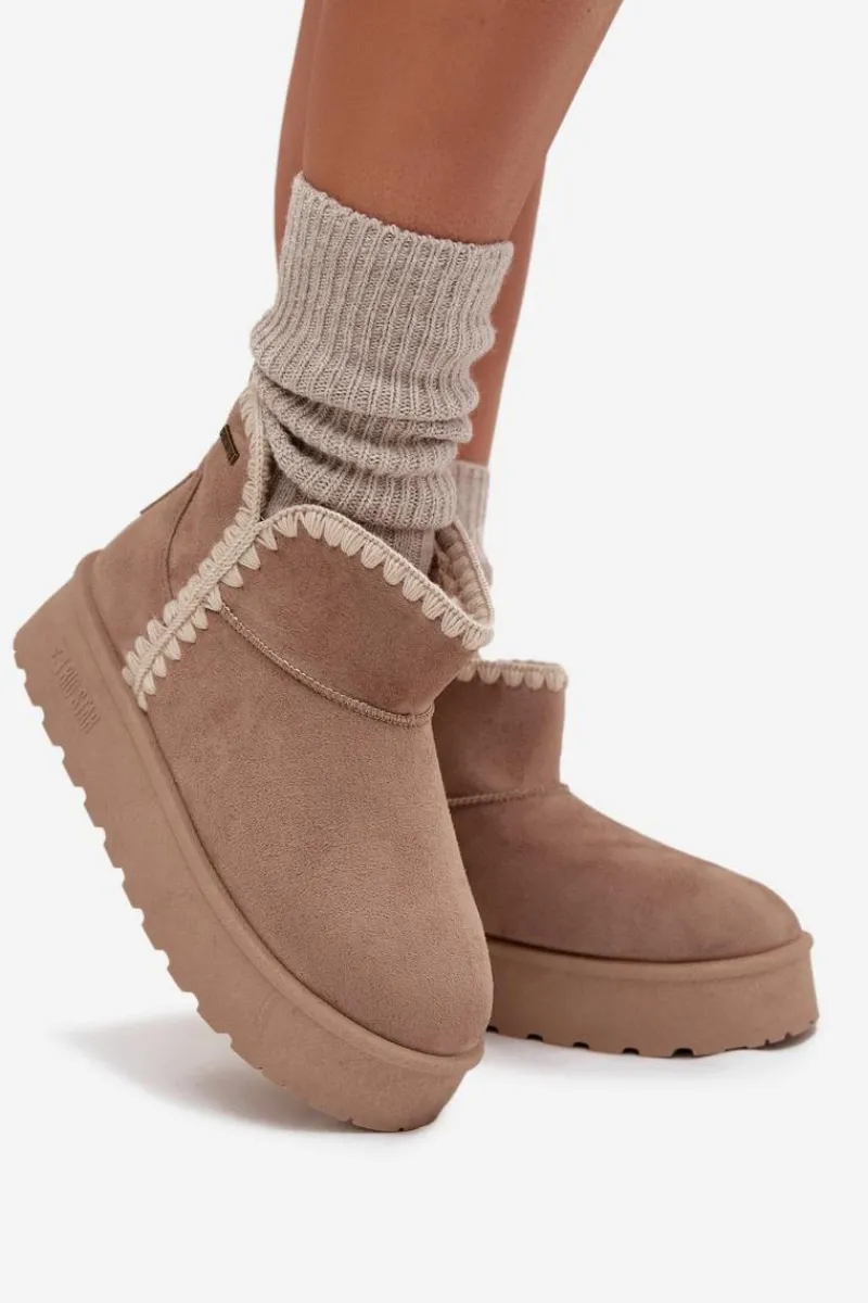 Sale Big Star Shoes Śniegowce Damskie Na Platformie Z Przeszyciami Big Star SS274129 Beżowe Beżowy