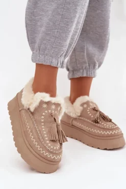 Best Boto Śniegowce Damskie Na Platformie Z Futerkiem I Frędzlami Beżowe Ferayne Beżowy