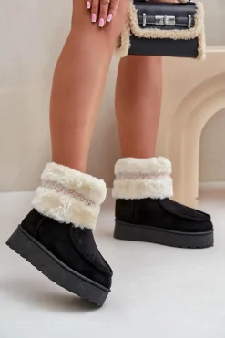 Śniegowce Damskie Na Platformie Z Futerkiem I Wzorem Czarne Deepanti Damskie Śniegowce Damskie