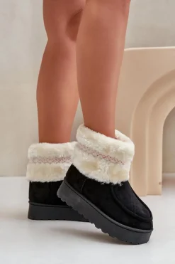 Śniegowce Damskie Na Platformie Z Futerkiem I Wzorem Czarne Deepanti Damskie Śniegowce Damskie