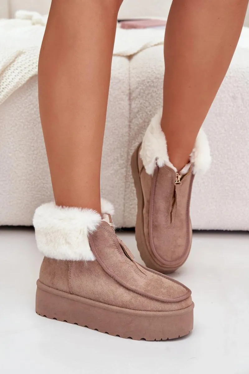 Śniegowce Damskie>Boto Śniegowce Damskie Na Platformie Z Futerkiem I Suwakiem Ciemnobeżowe Filiala