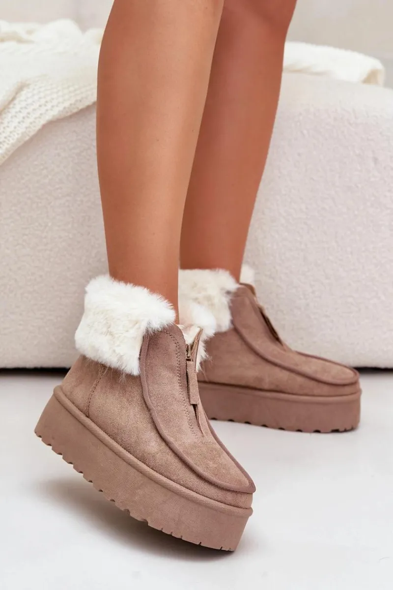 Śniegowce Damskie>Boto Śniegowce Damskie Na Platformie Z Futerkiem I Suwakiem Ciemnobeżowe Filiala