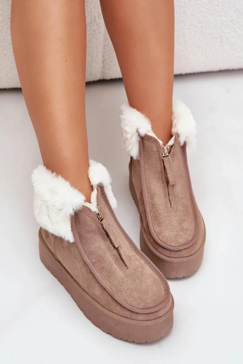 Śniegowce Damskie>Boto Śniegowce Damskie Na Platformie Z Futerkiem I Suwakiem Ciemnobeżowe Filiala