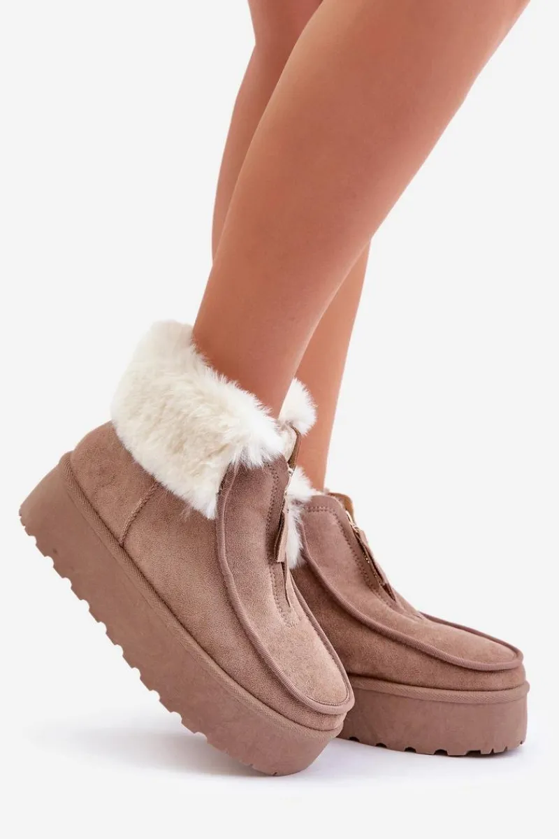 Śniegowce Damskie>Boto Śniegowce Damskie Na Platformie Z Futerkiem I Suwakiem Ciemnobeżowe Filiala