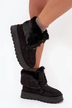 Best Śniegowce Damskie Na Platformie Z Futerkiem I Wiązaniem Big Star SS274113 Czarne Damskie Śniegowce Damskie
