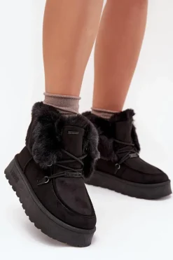 Best Śniegowce Damskie Na Platformie Z Futerkiem I Wiązaniem Big Star SS274113 Czarne Damskie Śniegowce Damskie