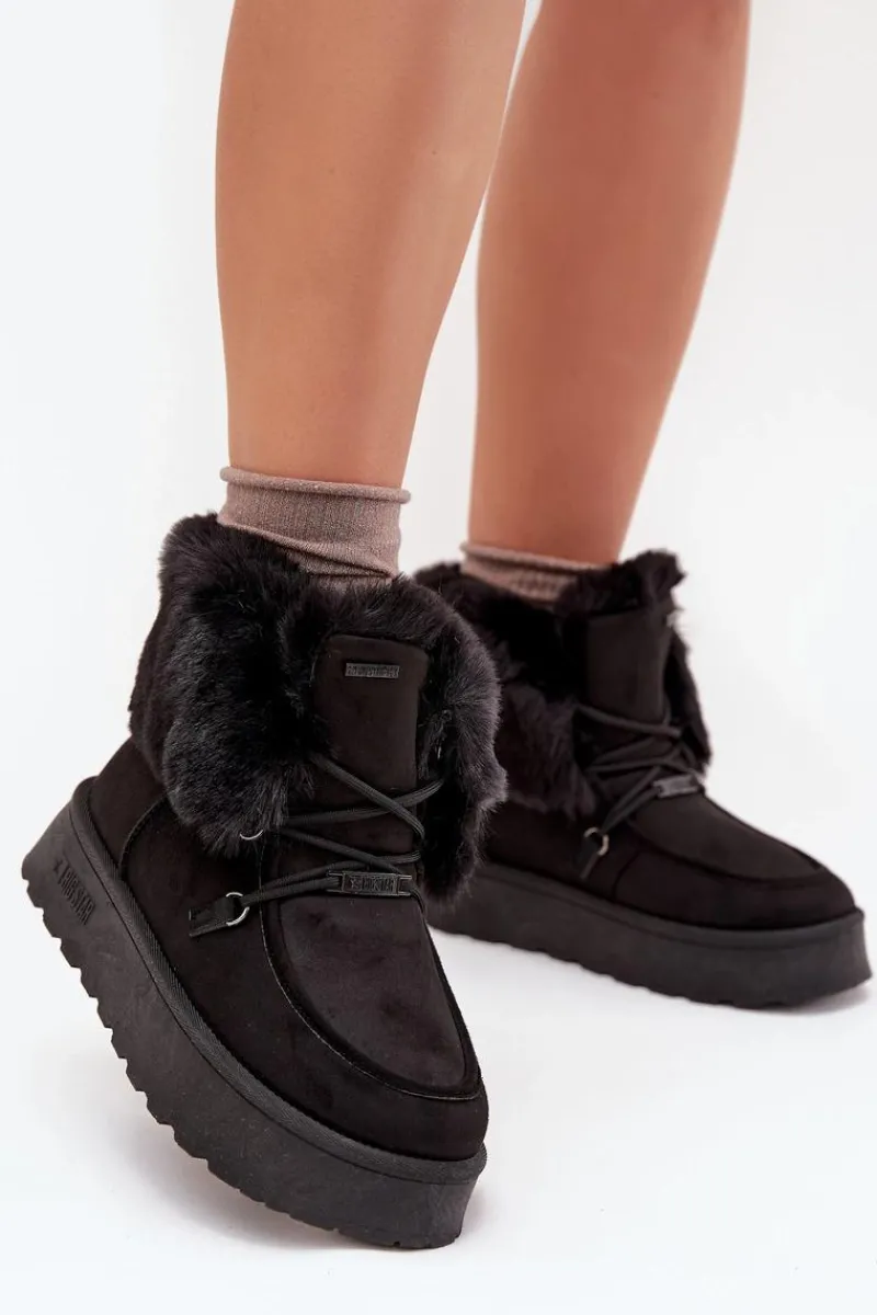 Best Śniegowce Damskie Na Platformie Z Futerkiem I Wiązaniem Big Star SS274113 Czarne Damskie Śniegowce Damskie