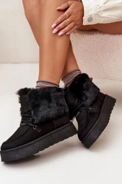 Best Śniegowce Damskie Na Platformie Z Futerkiem I Wiązaniem Big Star SS274113 Czarne Damskie Śniegowce Damskie
